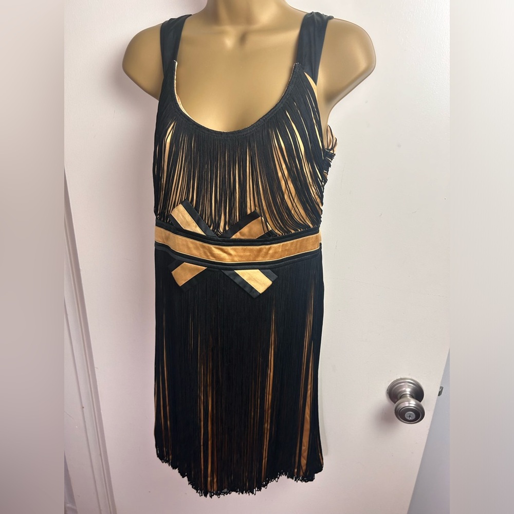 Arden B. Vintage 90’s/Y2K Silk Bow Black Fringe Overlay Gold Cocktail Dress S